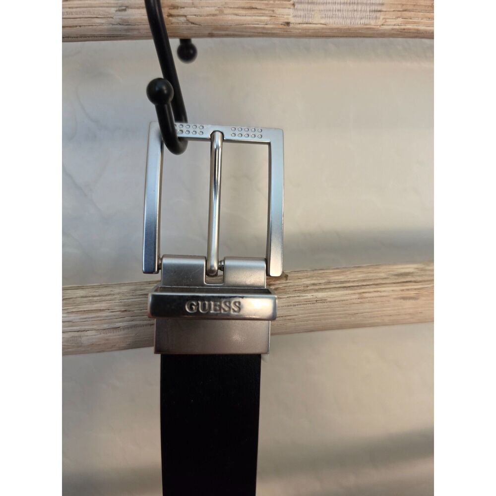 GUESS Mens Reversible Belt M 34-36 Black Brown Silver Buckle Synthetic Leather
